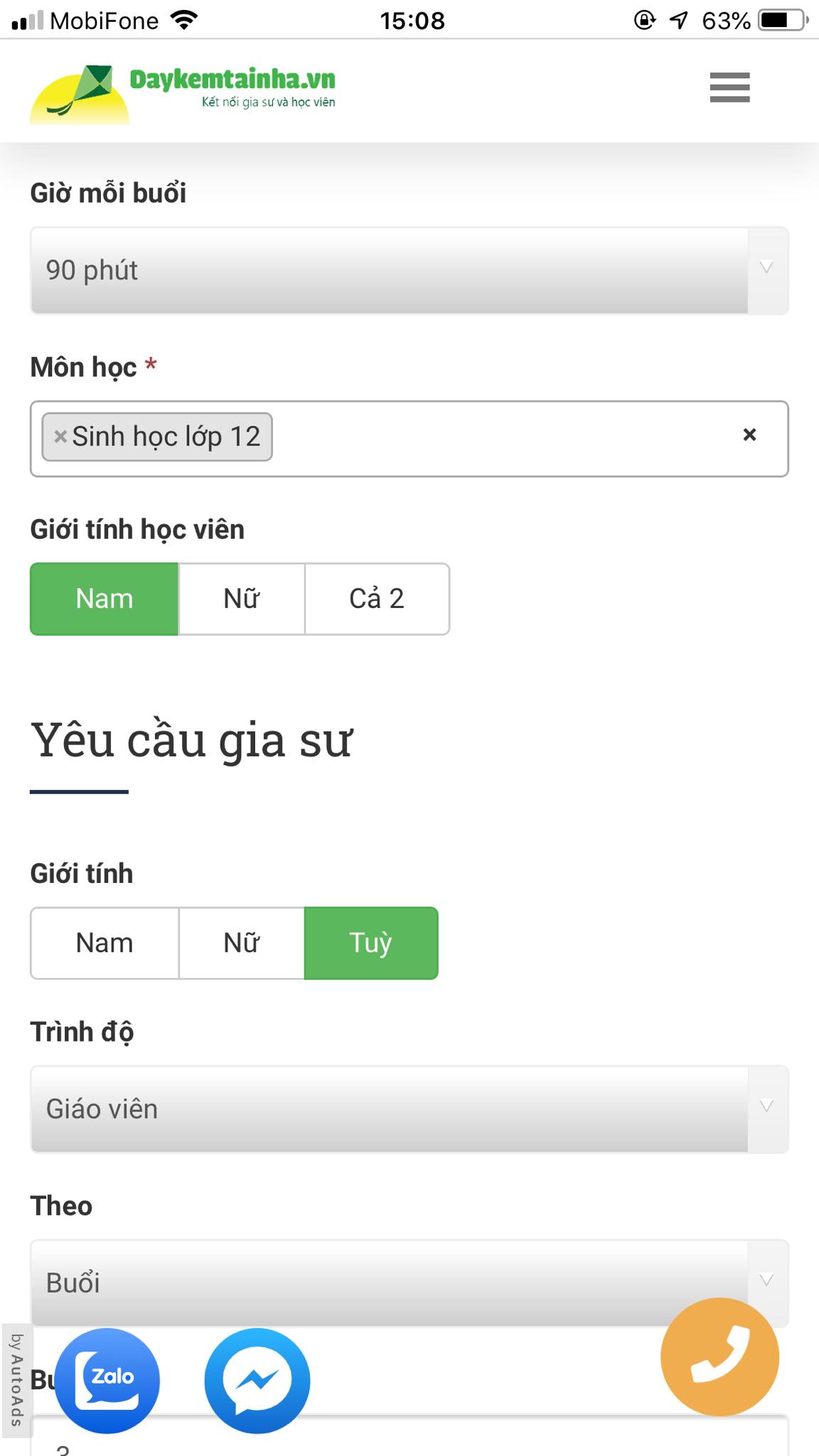 Học phí Sinh học 12